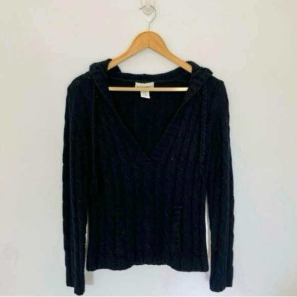 Vintage Black Y2K Cable Knit Hoodie Sweater Project Braided Strand V Neck Grunge - Picture 3 of 11